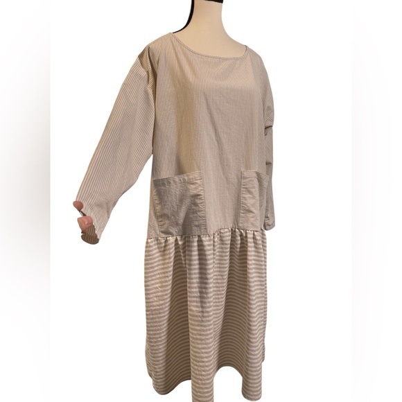 MISSLOOK Tan and White Striped Long Sleeve Drop Waist Dress - Picture 3 of 7